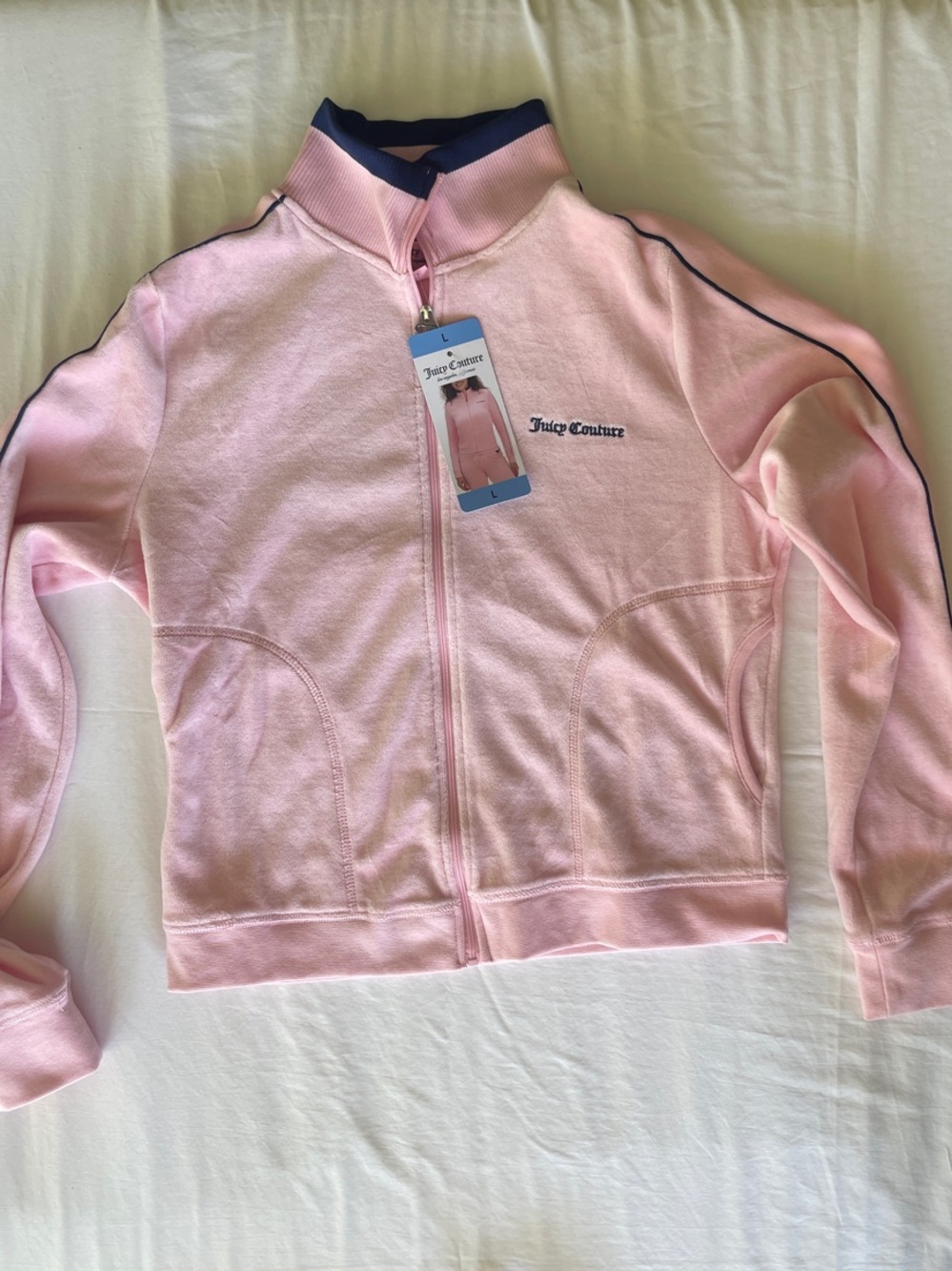 Juicy Couture Pink Cotton Velour Track Jacket Juicy Anyone? Graphic Navy Trim L